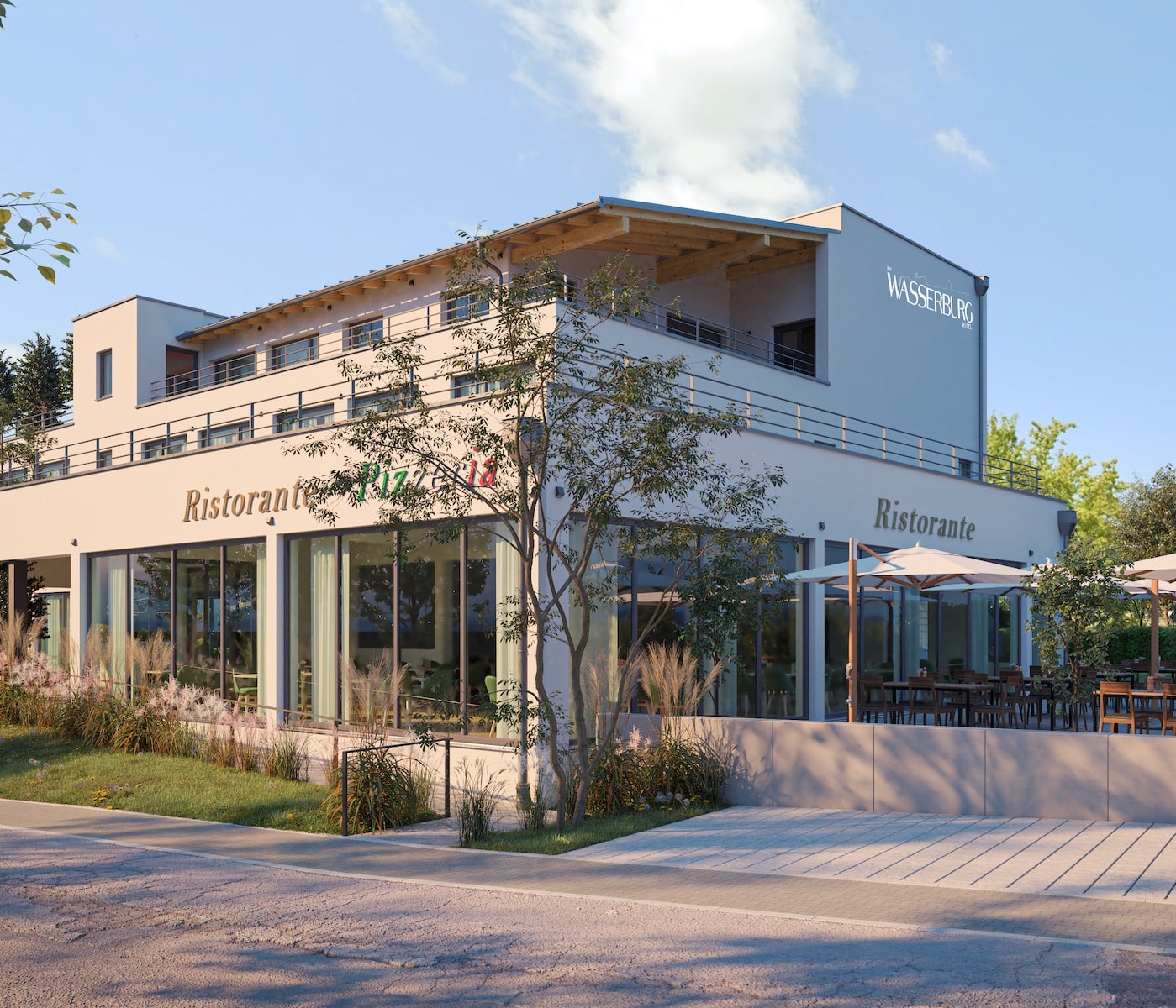 Hotelansicht von unten mit Blick auf das Restaurant