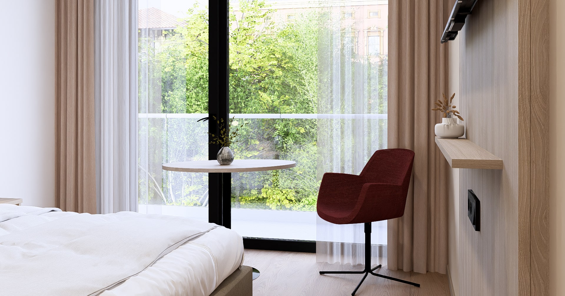 Hotelzimmer mir Sessel und Tisch